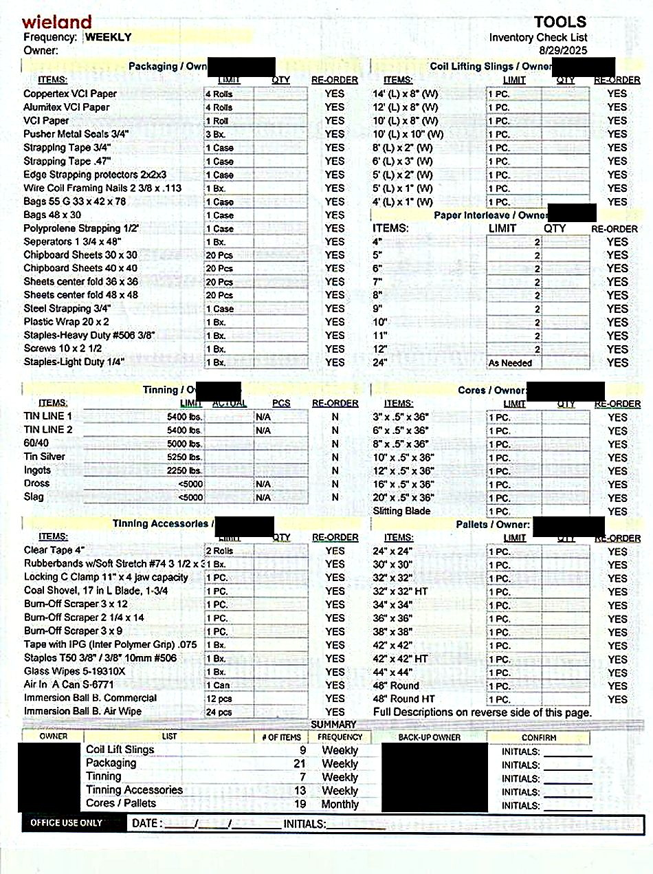 Tools and production inventory check list, side one